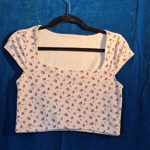 Women's White Floral Ribbed Square-Neck Crop Top